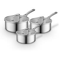 Sur La Table Ply 3 Piece Saucepan Set w/ Tempered Glass Lids, Satin Interior Finish, 16cm/18cm/20cm Saucepans, Induction Compatible, Stainless Steel