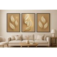 Mafett Set of 3 Luxury Art Prints Golden Feather Symphony Gold Cream Feather Artwork | Size: A3