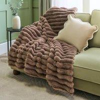 OHS Jumbo Faux Fur Fleece Throw Ribbed Fluffy Blanket in Light Brown | Size: 120 cm x 150 cm
