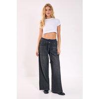 NastyGal Women's Stone Wash Boxer Stripe Waistband Wide Leg Jeans in Dark Grey | Size: 10