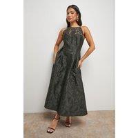Oasis Women's Petite Lace Yoke Jacquard Midi Prom Dress in Charcoal | Size: 10