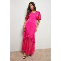 Oasis Women's Petite Plain Lace Frill Detail Puff Sleeve Midi Dress in Fuchsia | Size: 18