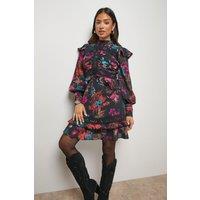 Oasis Women's Petite Ruched Bodice Trim Detail Mini Dress in Floral | Size: 14