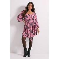 Dorothy Perkins Women's Petite Pink Floral Square Neck Blouson Sleeve Tie Back Mini Dress | Size: 8