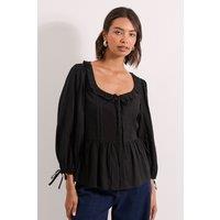 Dorothy Perkins Women's Frill Neckline Button Down Top in Black | Size: 12