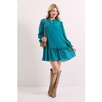 Dorothy Perkins Women's Tiered Hem Tie Neck Shift Dress in Teal | Size: 10