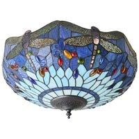 Loops Tiffany Glass Semi Flush Ceiling Light Blue Dragonfly Inverted Shade i00044 in Clear