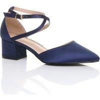 AJVANI Women's Mid Block Heel Crossed Strap Pointed Toe Satin 2 Part Heels in Navy | Size: 5
