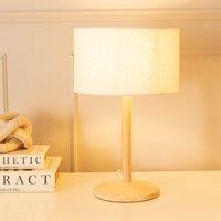 ValueLights Triston Natural Light Wood Stem Table Lamp with Linen Trim Drum Lamp Shade in White