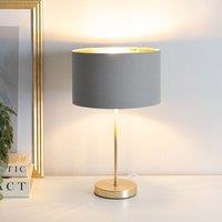 ValueLights Charlie Gold Stem Table Lamp with Fabric Drum with Gold Inner Lamp Shade & Bulb in Grey