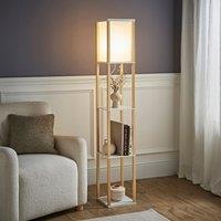 ValueLights Struttura Wooden Shelving Floor Lamp with Fabric Shade in Light Oak