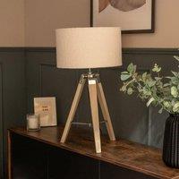 ValueLights Clipper Light Wood Tripod Table Lamp Light with Boucle Shade in Cream | Size: 35 cm diameter x 21 cm high