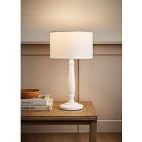 ValueLights Victoria White Wood Traditional Stem Table Lamp with Fabric Drum Shade