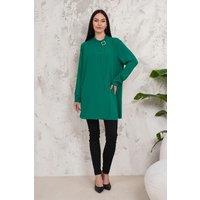HOXTON GAL Women's Oversized High Neck Tunic Top with Brooch Details in Dark Green | Size: 20-22