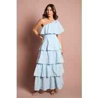 One Shoulder Tiered Broderie Midi Dress