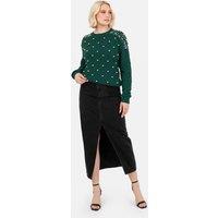Lovedrobe Women's Pearl Embellished Cable Knit Jumper in Green | Size: 20-22