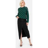 Lovedrobe Women's Pearl Embellished Cable Knit Jumper in Green | Size: 16-18