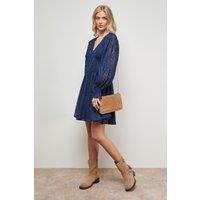 Oasis Women's Animal Jacquard Trim Detail Balloon Sleeve Mini Dress in Navy | Size: 12