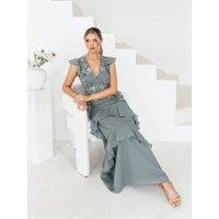 Maya Deluxe Women's Embellished V Neck Ruffle Maxi Dress in Teal | Size: 18
