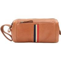 House of Leather Real Leather Toiletry Wash Bag Travel Wrist Pouch HOL951 Navy in Tan | Size: Small