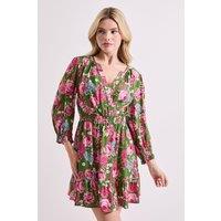 Dorothy Perkins Women's Green Floral Wrap Front Blouson Sleeve Mini Dress | Size: 16