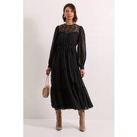 Dorothy Perkins Women's Lace Yoke Blouson Sleeve Tiered Midaxi Dress in Black | Size: 10