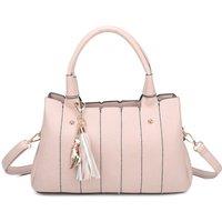 Fontanella Fashion Women's Katze Striped PU Leather Tote Shoulder Handbag with Kitten Charm in Pale Pink