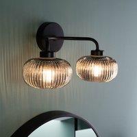 ValueLights Amaia Matte Black IP44 Rated 2 Way Smoked Ribbed Glass Wall Light