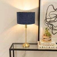 ValueLights Maggie Gold Metal Candlestick Slim Table Lamp with Velvet Drum Lamp Shade in Navy