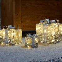 Samuel Alexander Set of 3 Battery Operated Silver Sparkly Christmas Gift Boxes with LEDs