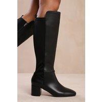 Where's That From Women's 'Cherish' Block Heel Knee High Boots With Side Zip in True Black | Size: 4