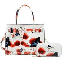 Fontanella Fashion Women's Poppy Patterned 2 in 1 Ribbon Tote Bag with Purse in White