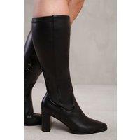 Where's That From Women's 'Ainsley' Stretch Wide Calf Block Heel Knee High Boots with Stitch Detail in Black | Size: 4E