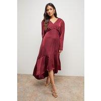 Oasis Women's Petite Satin Puff Sleeve V Neck High Low Hem Midi Dress in Merlot | Size: 16