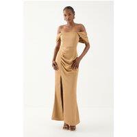 MissPap Women's Bardot Ruched Satin Bridesmaid Dress in Bronze | Size: 10