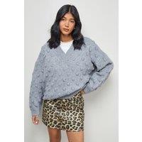 Warehouse Women's Bubble Knit Slouchy V Neck Jumper in Grey Marl | Size: Small