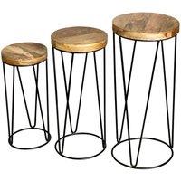 Jaipur Furniture Ltd Ravi Iron Base Solid Wood Top Round Stool (Set of 3) - L30 x W30 x H69 cm - Mango Light Finish in Brown