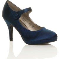 AJVANI Women's High Slim Heel Mary Jane Satin Court Shoes in Navy | Size: 8