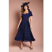 Coast Women's Short Sleeve Crepe Midi Dress With Lace Pleated Skirt in Navy | Size: 10