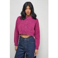 Warehouse Women's Zip Up Rib Crew Cardigan in Pink | Size: Large