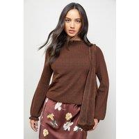 Oasis Women's Ruffle Cuff & Collar Jumper in Chocolate | Size: Small