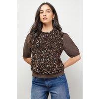 Oasis Women's Sequin Knitted Top in Brown | Size: Small