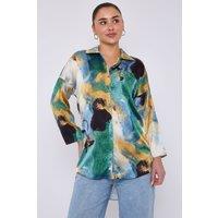 Love Sunshine Women's Emerald & Mustard Watercolour Print Satin Shirt | Size: 12