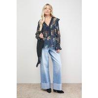 Oasis Women's Printed Frill Detail Sheer Chiffon Blouse in Floral | Size: 8