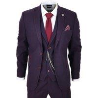 TruClothing Men's 3 Piece Suit Wool Tweed Herringbone in Purple | Size: 50R