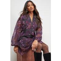 Oasis Women's Printed Embellished Trim Detail Chiffon Mini Dress | Size: 6