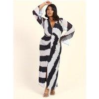 FASHION-SZN Women's Curve Monochrome Twist Front Plunge Flare Sleeved Midi Dress in Black | Size: 14