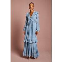 Coast Women's Petite V Neck Long Sleeve Embellished Flower Tiered Georgette Midi Dress in Dusty Blue | Size: 8