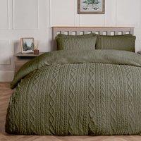 OHS Cable Knit Fleece Duvet Cover Set Warm Reversible Bedding in Olive | Size: Double
