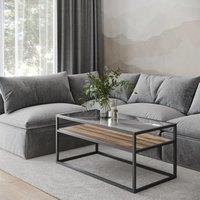 EONLION Glass Display Top Coffee Table with Steel Frame Reversible Wooden Storage Shelf in Brown